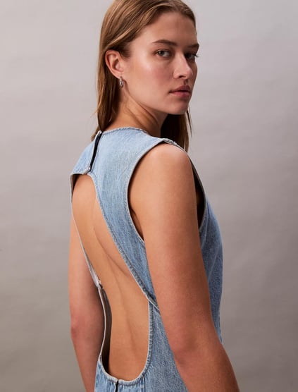 Calvin Klein Calvin Klein Kadın Regular Fit Yuvarlak Yakalı Sırt Dekolte Detaylı Kolsuz Mini Pamuklu Denim Mavi Elbise LV047C736G-X26