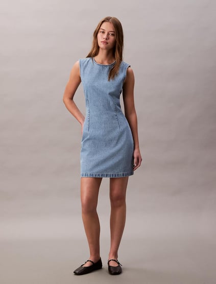 Calvin Klein Calvin Klein Kadın Regular Fit Yuvarlak Yakalı Sırt Dekolte Detaylı Kolsuz Mini Pamuklu Denim Mavi Elbise LV047C736G-X26