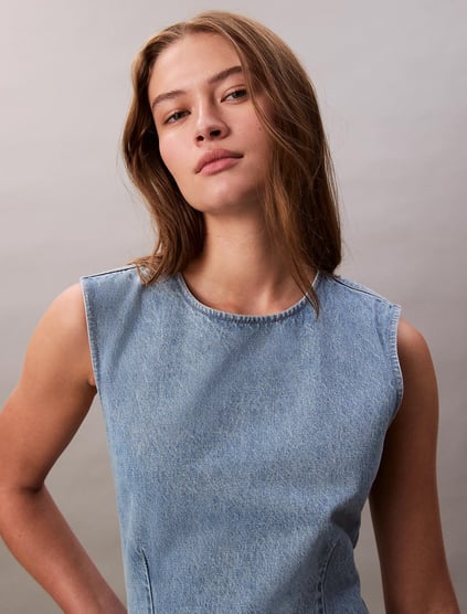 Calvin Klein Calvin Klein Kadın Regular Fit Yuvarlak Yakalı Sırt Dekolte Detaylı Kolsuz Mini Pamuklu Denim Mavi Elbise LV047C736G-X26