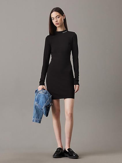 Calvin Klein Calvin Kleın Kadın Slim Fit Yuvarlak Yaka Uzun Kollu Kısa Siyah Elbise J20J225074-BEH