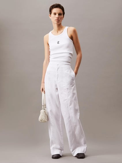 Calvin Klein Calvin Klein Kadın Yüksek Bel Geniş Paça Cep Detay Düz Regular Fit Beyaz Pantolon J20J225340-YAA
