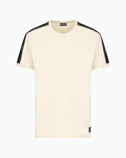 Ea7 Ea7 Erkek Omuzları Şerit Çizgili EA7 Logolu Regular Fit Yuvarlak Yaka Kısa Kollu Ekru T-Shirt 7M000138 AF10375-U1079