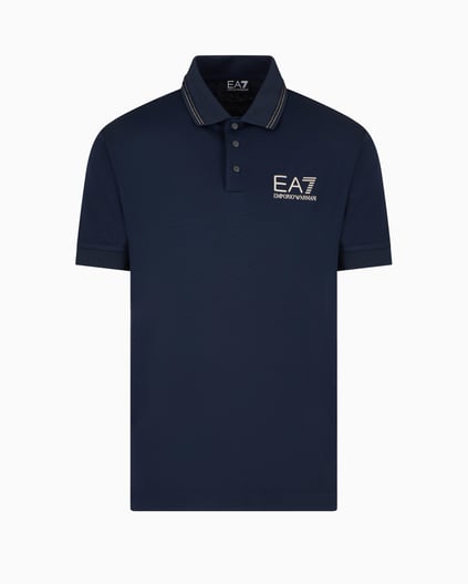 Ea7 Ea7 Erkek Slim Fit Şerit Detaylı Polo Yaka Gold EA7 Logolu Kısa Kollu Mavi Polo Yaka T-Shirt 7M000300 AF13739-UB102