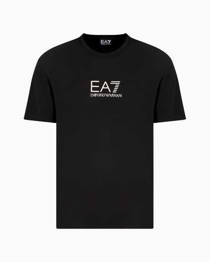 Ea7 Ea7 Erkek Slim Fit Yuvarlak Yakalı Gold Kaplamalı Kontrast EA7 Logolu Siyah T-Shirt 7M000301 AF13739-UC001