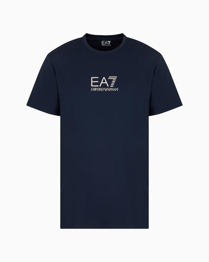 Ea7 Ea7 Erkek Slim Fit Yuvarlak Yakalı Gold Kaplamalı Kontrast EA7 Logolu Mavi T-Shirt 7M000301 AF13739-UB102