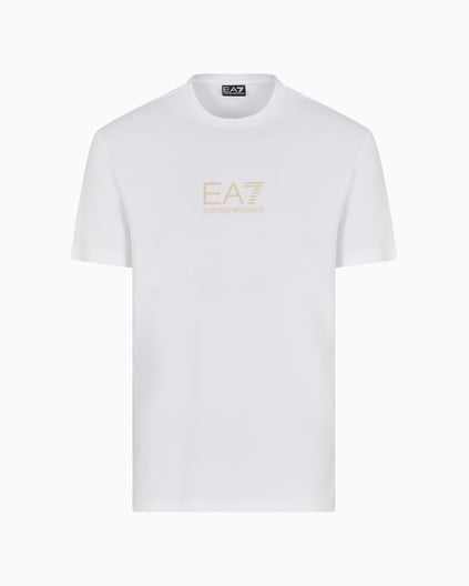 Ea7 Ea7 Erkek Slim Fit Yuvarlak Yakalı Gold Kaplamalı Kontrast EA7 Logolu Beyaz T-Shirt 7M000301 AF13739-U0002