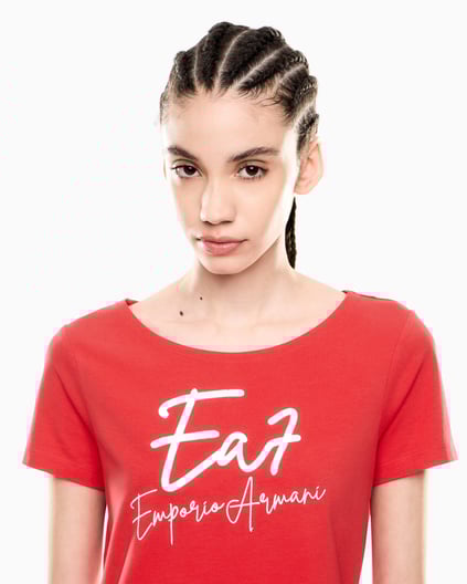 Ea7 Ea7 Kadın Bisiklet Yaka EA7 Yazı Detay Kısa Kol Dar Kırmızı T-Shirt 7W000184 AF10373-U5061