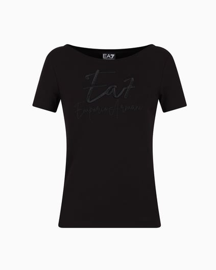 Ea7 Ea7 Kadın Bisiklet Yaka EA7 Yazı Detay Kısa Kol Dar Siyah T-Shirt 7W000184 AF10373-UC001
