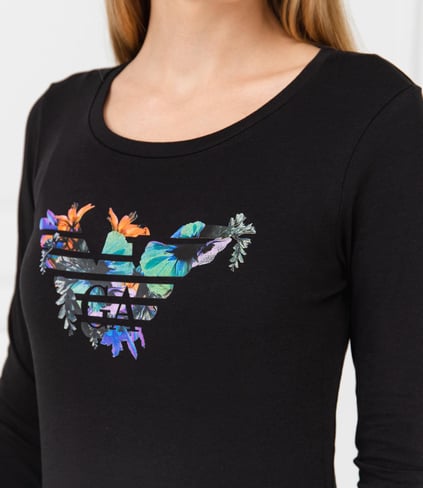 Ea7 Ea7 Kadın Çiçek Desenli Pamuklu Yuvarlak Yaka Siyah T-Shirt 6GTT20 TJ12Z-200