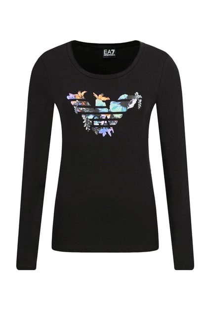 Ea7 Ea7 Kadın Çiçek Desenli Pamuklu Yuvarlak Yaka Siyah T-Shirt 6GTT20 TJ12Z-200