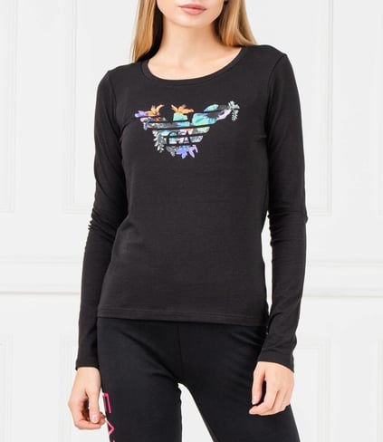 Ea7 Ea7 Kadın Çiçek Desenli Pamuklu Yuvarlak Yaka Siyah T-Shirt 6GTT20 TJ12Z-200