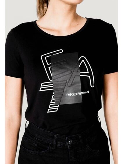 Ea7 Ea7 Kadın Esnek Pamuklu Kumaş Yuvarlak Yaka EA7 Logolu Kısa Kollu Siyah T-Shirt 7W000187 AF10373-UC001