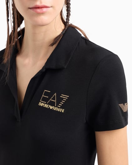 Ea7 Ea7 Kadın Gold İşlemeli EA7 Logolu Polo Yaka Kısa Kollu Siyah Polo Yaka T-Shirt 7W000266 AF12500-UC001