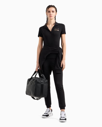 Ea7 Ea7 Kadın Gold İşlemeli EA7 Logolu Polo Yaka Kısa Kollu Siyah Polo Yaka T-Shirt 7W000266 AF12500-UC001