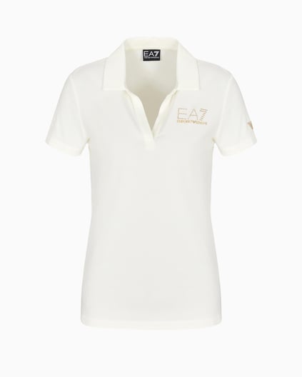 Ea7 Ea7 Kadın Gold İşlemeli EA7 Logolu Polo Yaka Kısa Kollu Beyaz Polo Yaka T-Shirt 7W000266 AF12500-U0005