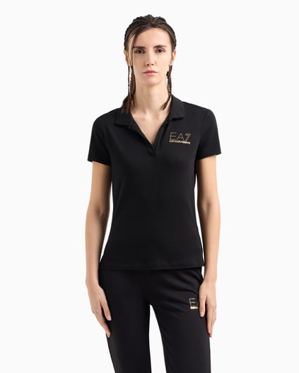 Ea7 Ea7 Kadın Gold İşlemeli EA7 Logolu Polo Yaka Kısa Kollu Siyah Polo Yaka T-Shirt 7W000266 AF12500-UC001