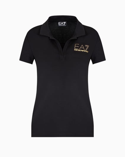 Ea7 Ea7 Kadın Gold İşlemeli EA7 Logolu Polo Yaka Kısa Kollu Siyah Polo Yaka T-Shirt 7W000266 AF12500-UC001