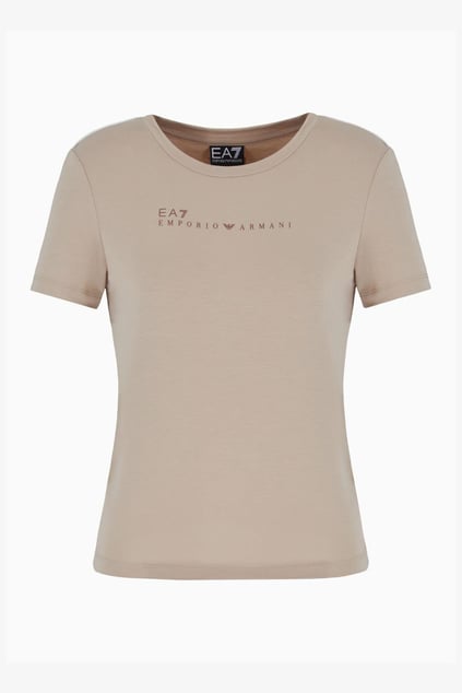 Ea7 Ea7 Kadın Kısa Kollu Bisiklet Yaka EA7 Yazı Desenli Bej T-Shirt 7W000274 AF12945-U6155