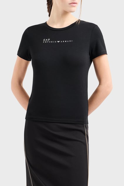 Ea7 Ea7 Kadın Kısa Kollu Bisiklet Yaka EA7 Yazı Desenli Siyah T-Shirt 7W000274 AF12945-UC001