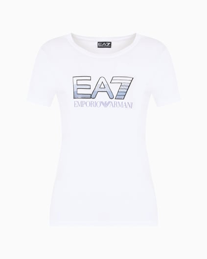 Ea7 Ea7 Kadın Normal Kalıp EA7 Pul Logolu Yuvarlak Yaka Esnek Pamuklu Kısa Kollu Beyaz T-Shirt 7W000183 AF10373-U0002