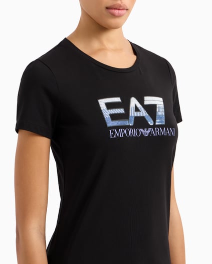 Ea7 Ea7 Kadın Normal Kalıp EA7 Pul Logolu Yuvarlak Yaka Esnek Pamuklu Kısa Kollu Siyah T-Shirt 7W000183 AF10373-UC001