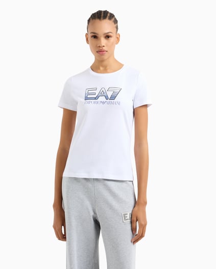 Ea7 Ea7 Kadın Normal Kalıp EA7 Pul Logolu Yuvarlak Yaka Esnek Pamuklu Kısa Kollu Beyaz T-Shirt 7W000183 AF10373-U0002