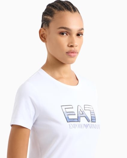Ea7 Ea7 Kadın Normal Kalıp EA7 Pul Logolu Yuvarlak Yaka Esnek Pamuklu Kısa Kollu Beyaz T-Shirt 7W000183 AF10373-U0002