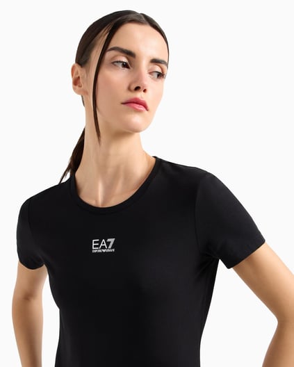 Ea7 Ea7 Kadın Normal Kesim Esnek Pamuklu Kumaş Yuvarlak Yaka EA7 Logolu Kısa Kollu Siyah T-Shirt 7W000072 AF12115-UC001