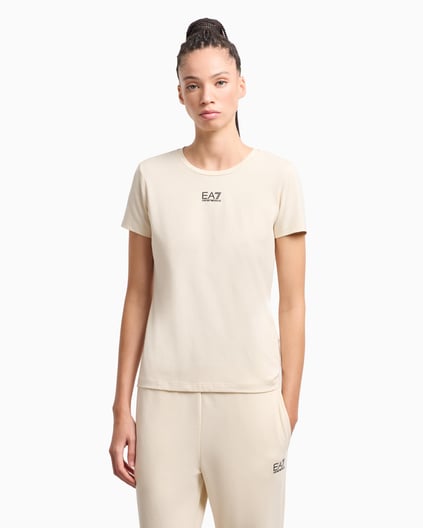Ea7 Ea7 Kadın Normal Kesim Esnek Pamuklu Kumaş Yuvarlak Yaka EA7 Logolu Kısa Kollu Bej T-Shirt 7W000072 AF12115-U1079