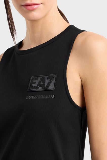 Ea7 Ea7 Kadın Normal Kesim Yuvarlak Yaka Yapay Elmas İşlemeli EA7 Logo Desenli Kolsuz Midi Boy Siyah Elbise 7W000180 AF12484-UC001