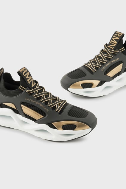 Ea7 Ea7 UNISEX Fileli Şerit Logolu Bağıcıklı Siyah-Altın Sneaker X8X174 XK377-M701