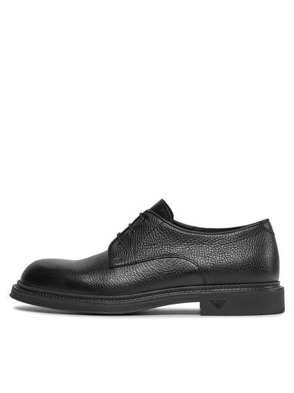 EMPORIO ARMANI Emporıo Armani Erkek Çakıllı Deri Yuvarlak Burunlu Bağcıklı Tış Tabanı Logo Desenli Siyah Ayakkabı X4C653 XF583-00002