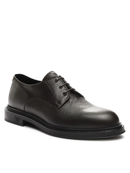 EMPORIO ARMANI Emporıo Armani Erkek Çakıllı Deri Yuvarlak Burunlu Bağcıklı Tış Tabanı Logo Desenli Kahverengi Ayakkabı X4C653 XF583-00003