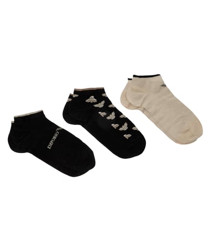 EMPORIO ARMANI Emporıo Armani Erkek Esnek Pamuklu Kumaş Bilek Boyunda Jakarlı 3'lü Siyah-Bej Çorap EM000549 AF13202-M1042