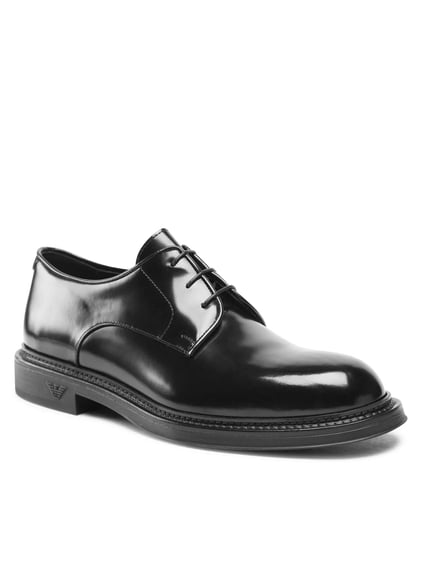 EMPORIO ARMANI Emporıo Armani Erkek Fırçalanmış Deri Yuvarlak Burunlu Bağcıklı Cilalı Siyah Ayakkabı X4C653 XF740-00002