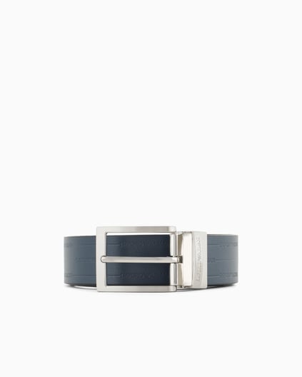 EMPORIO ARMANI Emporıo Armani Erkek Hakiki Deri Üsüne Kabartma Logolu Metal Tokalı Lacivert Kemer EM001772 AF15136-MB084