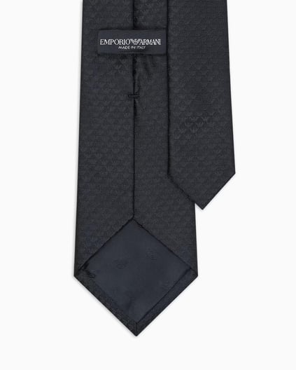 EMPORIO ARMANI Emporıo Armani Erkek Jakarlı Monogram Logolu Saf İpek Siyah Kravat 340075 CC113-00020
