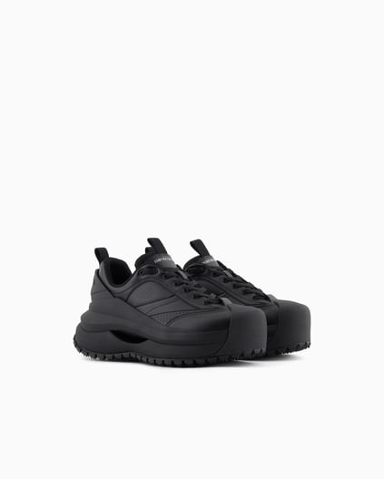 EMPORIO ARMANI Emporıo Armani Erkek Kalın Taban Bağcıklı Taban Arkası Marka Yazı Desenli Siyah Sneaker EM003035 AF18226-MC105