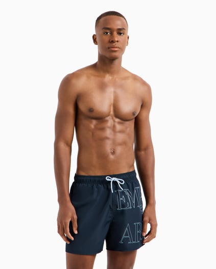 EMPORIO ARMANI Emporıo Armani Erkek Lastikli Bağlamalı Bel Kısa Boy Marka Yazı Desen Lacivert Mayo EM000583 AF12326-UB102