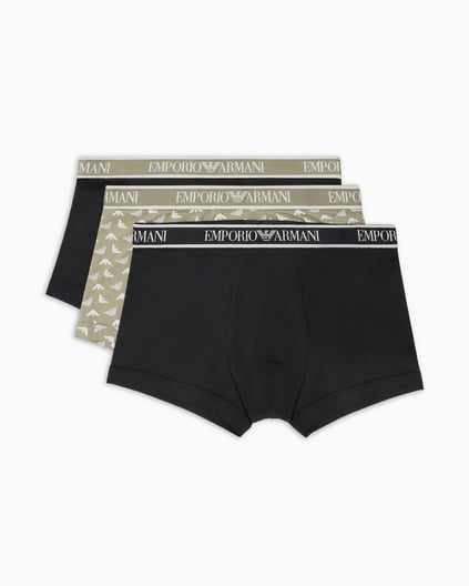 EMPORIO ARMANI Emporıo Armani Erkek Logolu Elastik Bantlı Streç Pamuklu 3'lü Siyah-Bej Boxer EM000370 AF10779-MC065