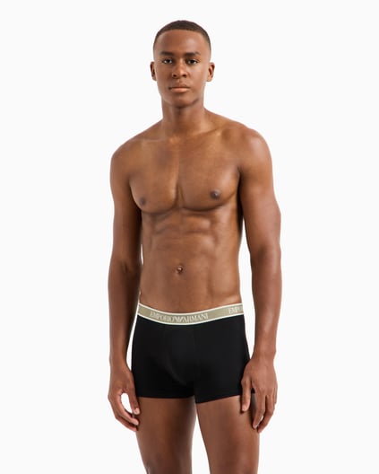 EMPORIO ARMANI Emporıo Armani Erkek Logolu Elastik Bantlı Streç Pamuklu 3'lü Siyah-Bej Boxer EM000370 AF10779-MC065