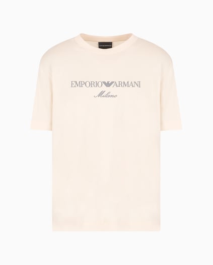 EMPORIO ARMANI Emporıo Armani Erkek Normal Kesim Yuvarlak Yaka Pamuklu Milano Baskılı Kısa Kollu Bej T-Shirt EM001033 AF10017-M1052