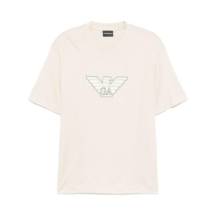 EMPORIO ARMANI Emporıo Armani Erkek Normal Kesim Yuvarlak Yaka Pamuklu Milano Baskılı Kısa Kollu Krem T-Shirt EM001033 AF10017-M1089