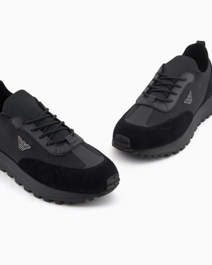 EMPORIO ARMANI Emporıo Armani Erkek Örme ve Süet Detaylı Burunlu Kartal Logolu Yuvarlak Siyah Sneaker EM003739 AF19724-MC005