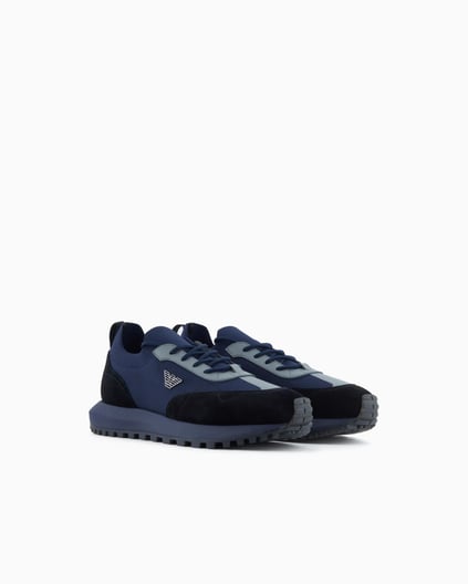 EMPORIO ARMANI Emporıo Armani Erkek Örme ve Süet Detaylı Burunlu Kartal Logolu Yuvarlak Mavi Sneaker EM003739 AF19724-MC038