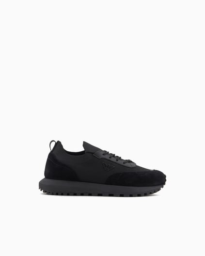 EMPORIO ARMANI Emporıo Armani Erkek Örme ve Süet Detaylı Burunlu Kartal Logolu Yuvarlak Siyah Sneaker EM003739 AF19724-MC005