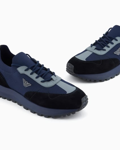 EMPORIO ARMANI Emporıo Armani Erkek Örme ve Süet Detaylı Burunlu Kartal Logolu Yuvarlak Mavi Sneaker EM003739 AF19724-MC038