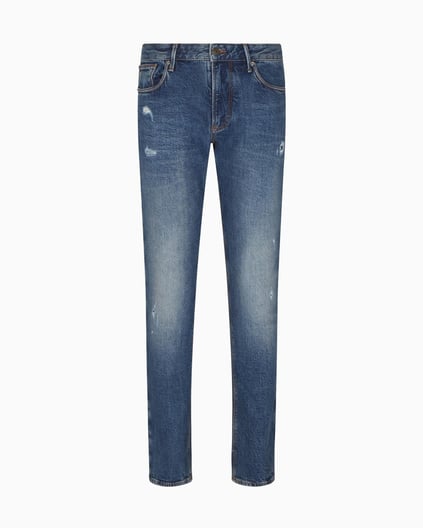 Emporio Armani Emporıo Armani Erkek Slim Fit Eskitme Desenli Esnek Pamuklu Dar Paça Denim Mavi Pantolon EM000121 AF17795-MB002