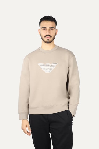 EMPORIO ARMANI Emporıo Armani Erkek Yuvarlak Yaka Regular Fit Dokuma Kumaş Baskılı Uzun Kollu Bej Sweatshirt EM001052 AF10013-M6116