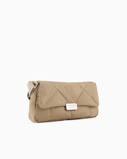 EMPORIO ARMANI Emporıo Armani Kadın Çıkarılabilir Omuz Askılı Çıtçıtlı Metalik Logo Kapatmalı Kapitoneli Bej Omuz Çantası EW001775 AF15446-U6208